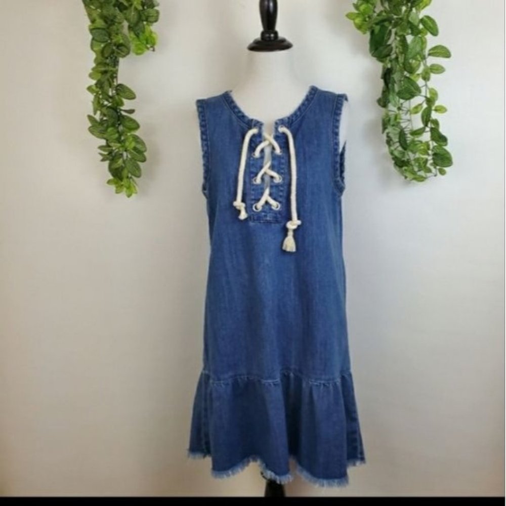 Aerie Denim Nautical Drop Waist Beachy Rope Sleeveless Dress Small Chambray